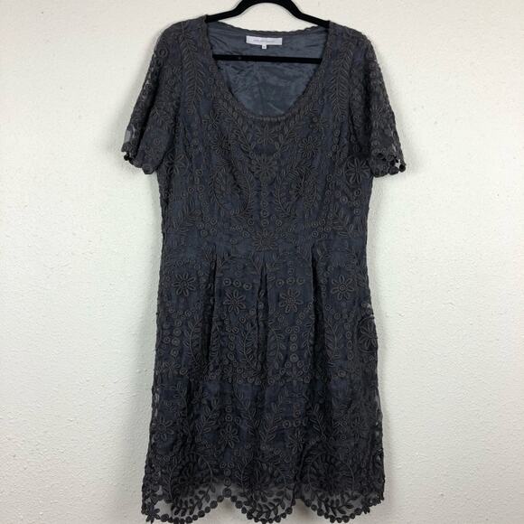 Gerard Darel Paris Brown Silk Lace Skater Dress Womens 12 Short Sleeve Formal - Picture 1 of 8
